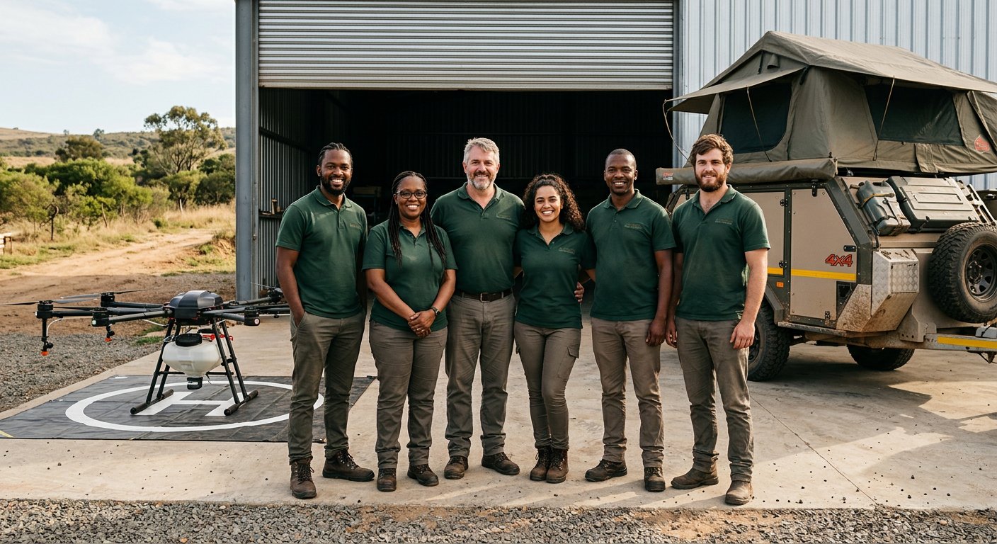 The Africa Drone Solutions team in front of their Orkney facility with a drone and camping trailer