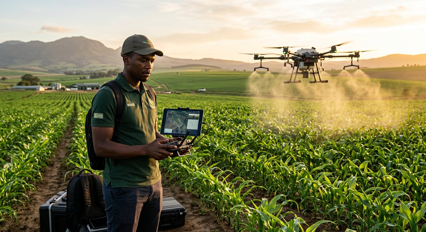 Africa Drone Solutions technician piloting an agricultural spray drone with a professional controller