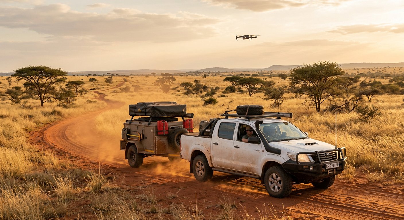 Africa Drone Solutions overland division β off-road camping trailer on a bushveld track with a drone overhead