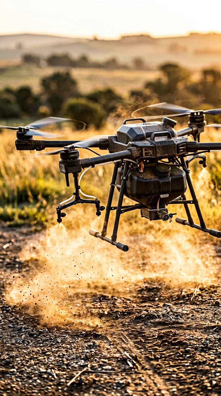 Agricultural drone lifting off from a farm landing pad in golden light