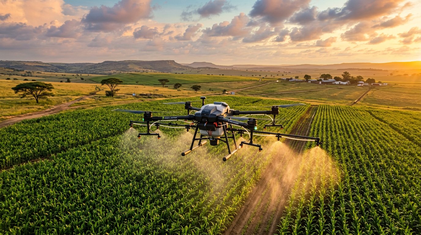 Agricultural spray drone flying low over green maize fields on the South African highveld at golden hour
