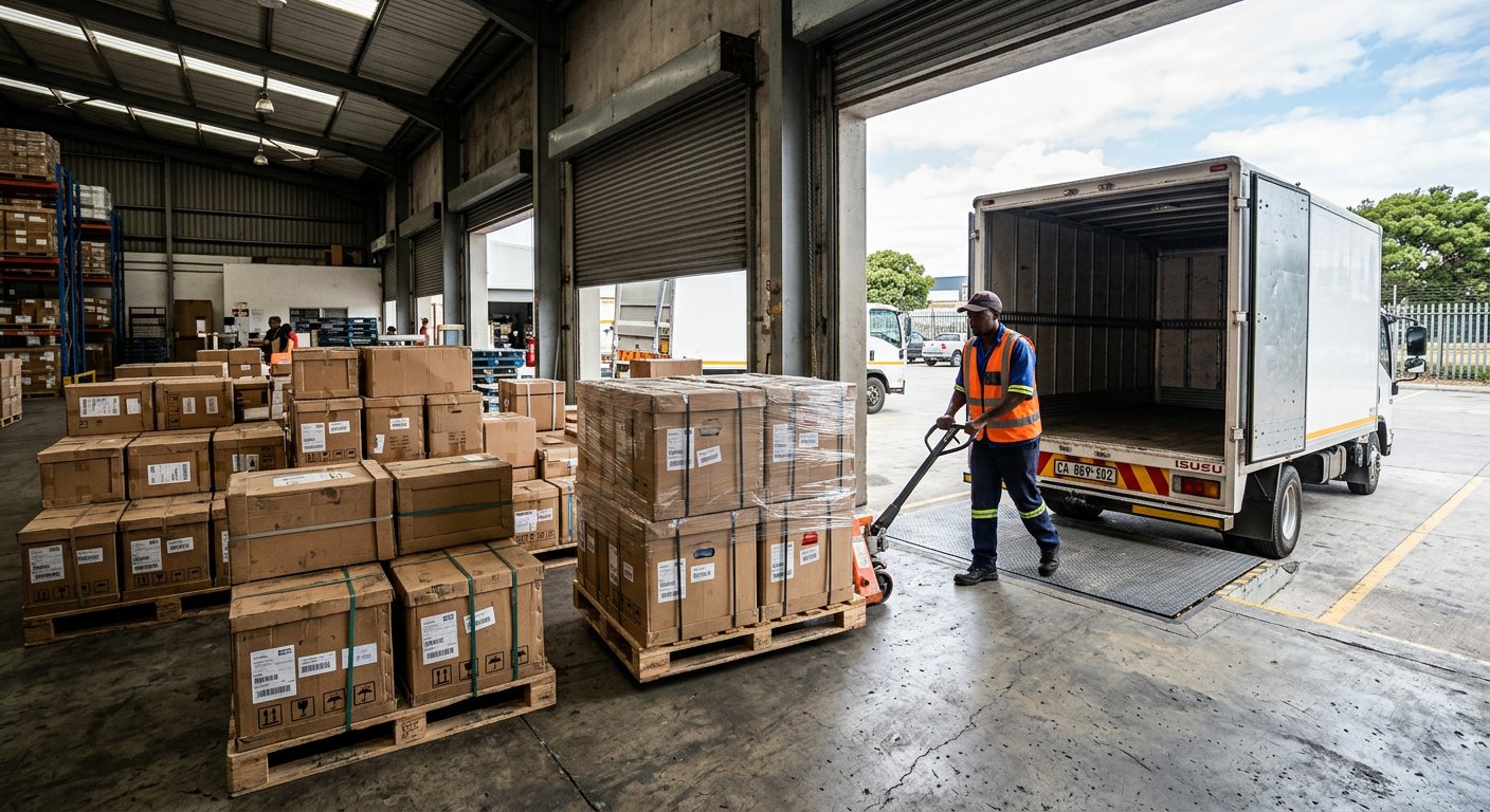 Sealed freight crates on pallets being loaded into a courier truck at the dispatch bay