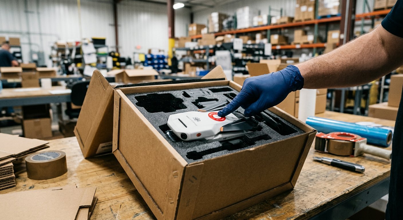 Drone secured in custom-cut foam inside a reinforced freight crate with a shock indicator